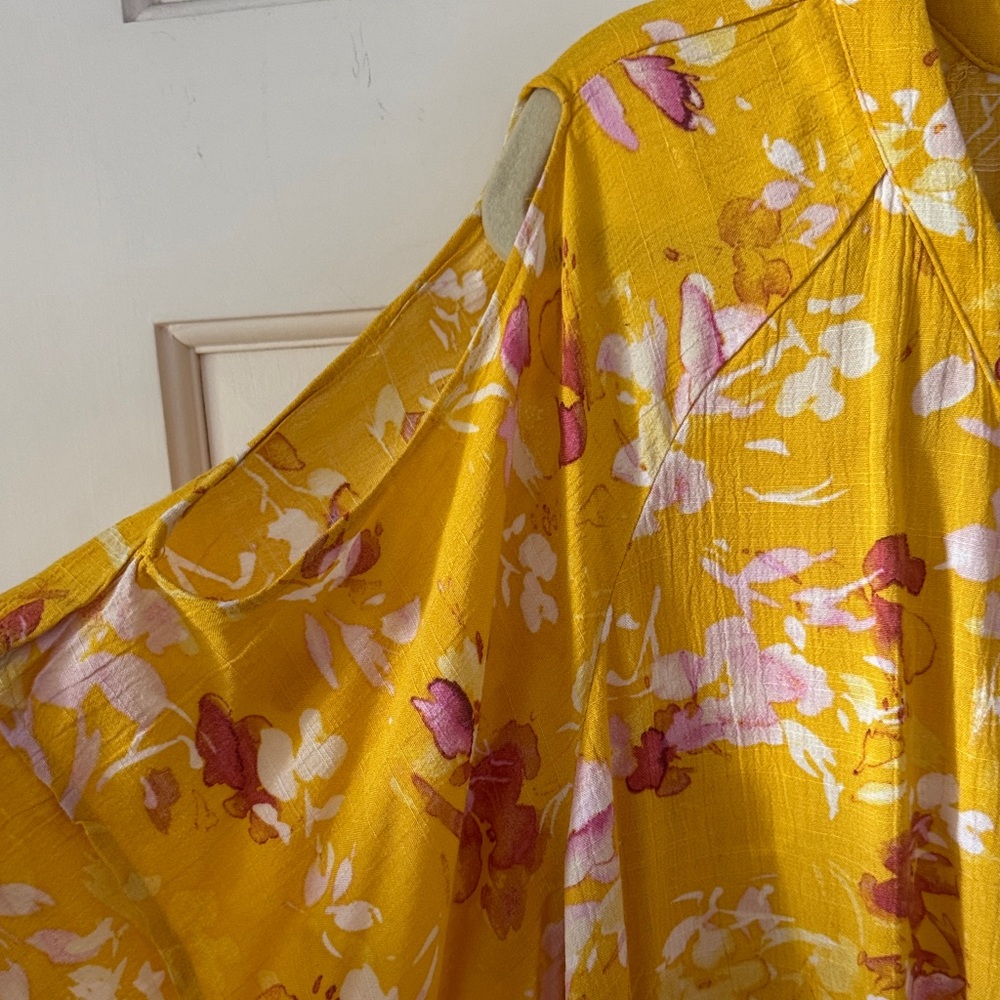 Democracy Mustard Yellow Floral Tie-Front Cold Shoulder Blouse L - Picture 3 of 11